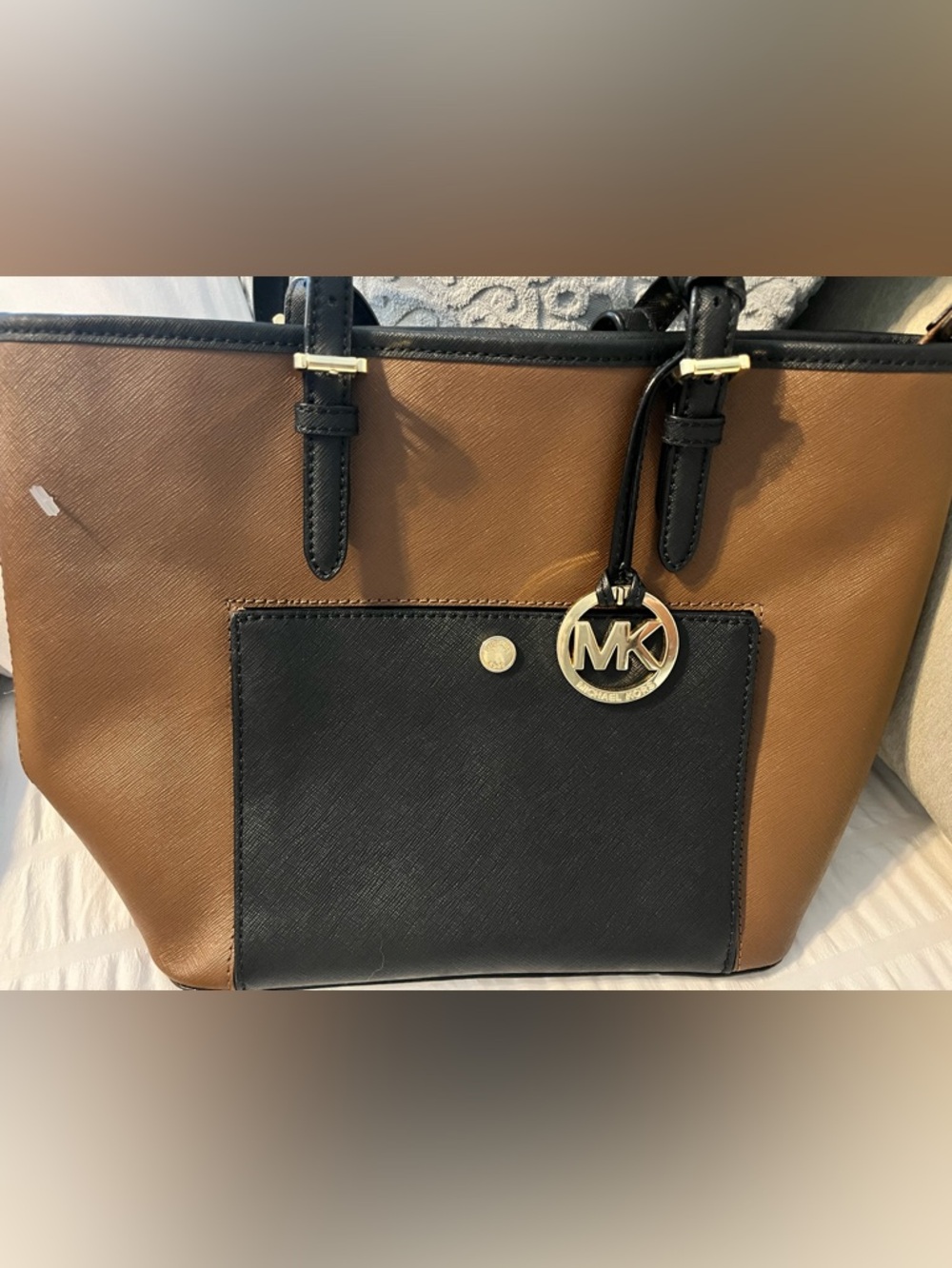 Michael Kors Two-Tone Brown and Black Leather Tote with MK Charm